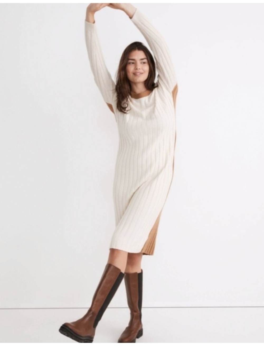 Madewell Cream Ribbed Crewneck Sweater Dress with Brown Trim
